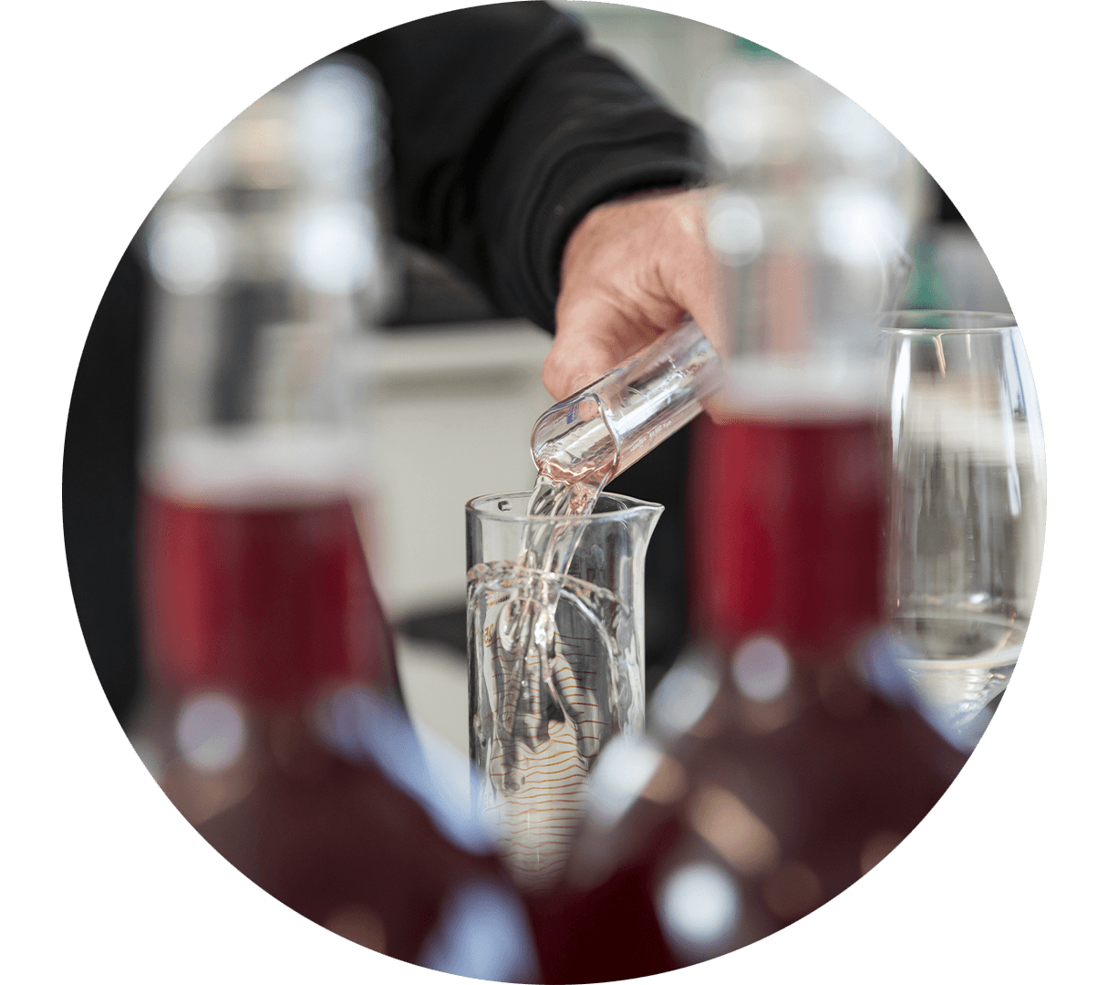 Szene aus dem Weinlabor: Wein wird von einem in das andere Reagenzglas gegossen.