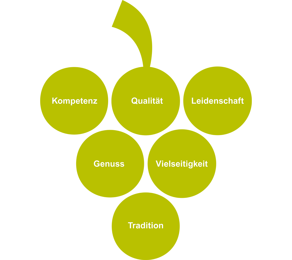 Grafik mit den Werten: Kompetenz, Qualität, Leidenschaft, Genuss, Vielseitigkeit und Tradition